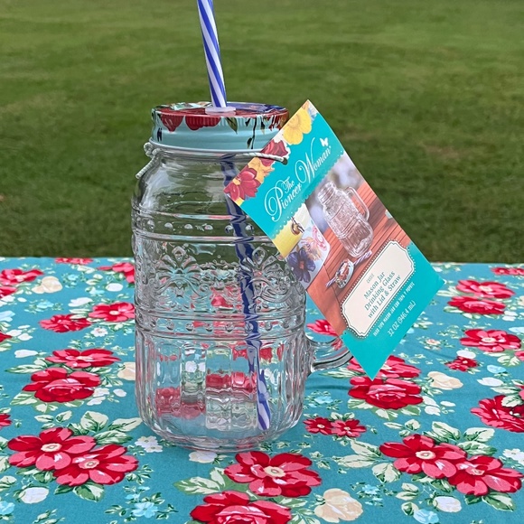 🌺 New Pioneer Woman Delaney Cassie Glass Mason Jar Tumbler with Lid & Straw - Picture 6 of 8